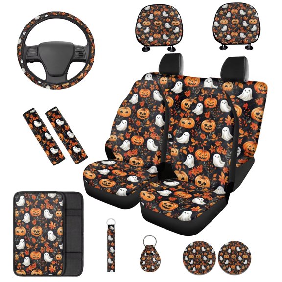 KUIFORTI Pumpkin Ghost 14 Pcs Car Seat Covers Full Set Car Headrest Covers Steering Wheel Cover Seat Belt Pads Auto Decorations Accessories Suitable for Most Cars,SUV,Sedan