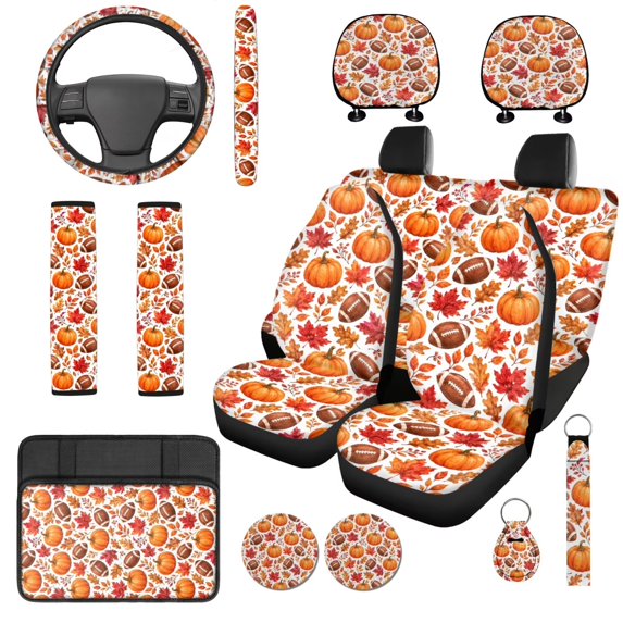 KUIFORTI Pumpkin Print Automobile Seat Cover Sets Comfortable Set 14 Pcs Automotive Front Seat & Bench Back Seat Cover with Car Cup Coasters Universal fit for SUV Van Sedan Truck Soft Anti Slip