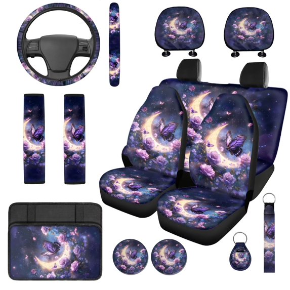 KUIFORTI Purple Butterfly Car Seat Covers Wear-Resistant 14 Pack Automotive Rear Front Seat Protector Washable Elastic Fabrics Universal Fit for Vehicles,Cars,Suvs,Vans,Sedans