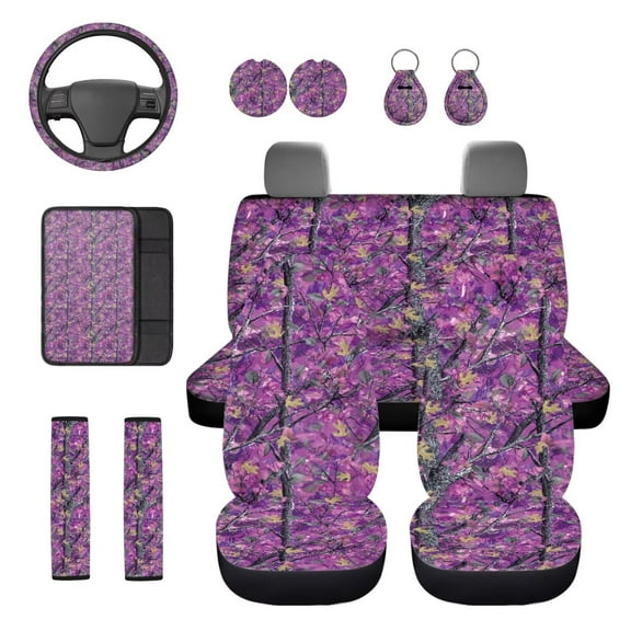 KUIFORTI Purple Camo Hunting Auto Seat Covers Full Set Set of 12 Car Center Console Cover Auto Seat Belt Cover Steering Wheel Cover Lanyard Keychain Holder Fit for Cars Sedan SUV