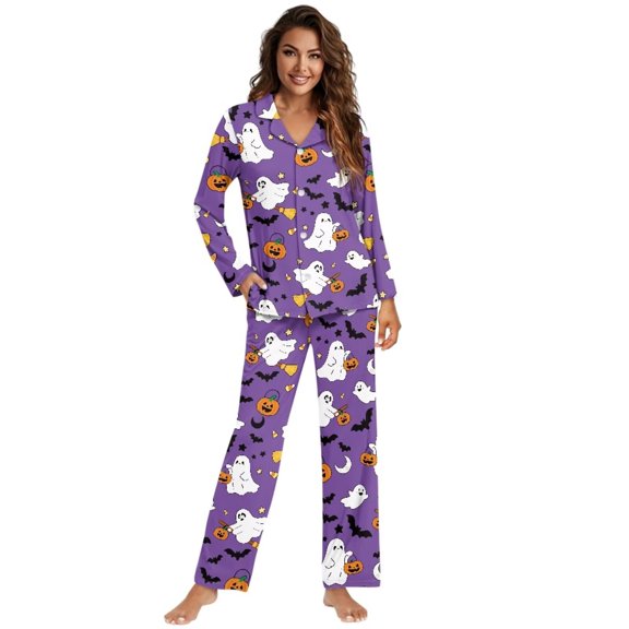 KUIFORTI Purple Ghost 2 Piece Lounge Set Soft Button-Down Top Loungewear with Classic Notch Collar Long Pants with Pockets Fall Winter Casual Lounge Sets All Season Daily Lounging Relaxation