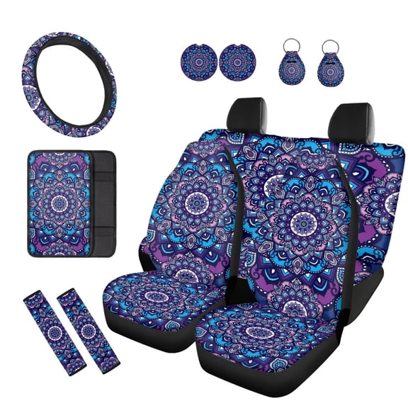 KUIFORTI Purple Mandala Car Seat Covers Full Set 12 Pieces Car Seat Belt Cover Auto Center Console Pad Steering Wheel Cover All-Season Protection Fits Most Cars, Sedans, SUVs