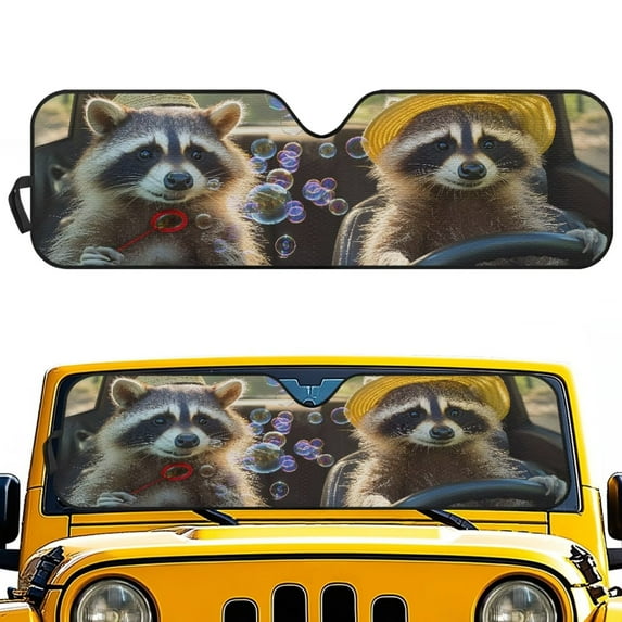 KUIFORTI Raccoon Windshield Sun Shade for Jeep Wrangler TJ JK JKU JL JLU ,Aluminum Foil Film Car Window Shades for Front Window,Effectively Blocking Heat and UV Rays