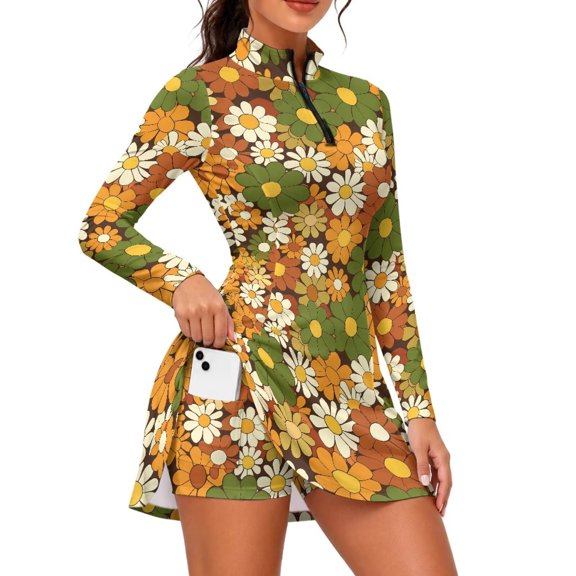 KUIFORTI Rainbow Floral Womens Long Sleeve Tennis Dress Quick Dry Athletic Skort with Shorts for Golf Courses Workout Sports Pickleball Going Out Party Date Night Clothes