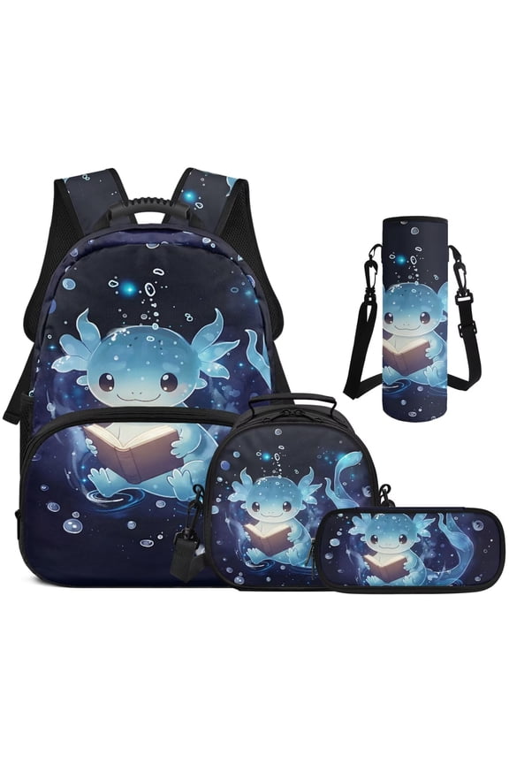 Reading Axolotl Bookbag with Lunch Box, 4Pcs Kids School Bag Set with Pencil Pouch & Water Bottle Sleeve for Elementary Primary Middle School Boys Back to School Supplies