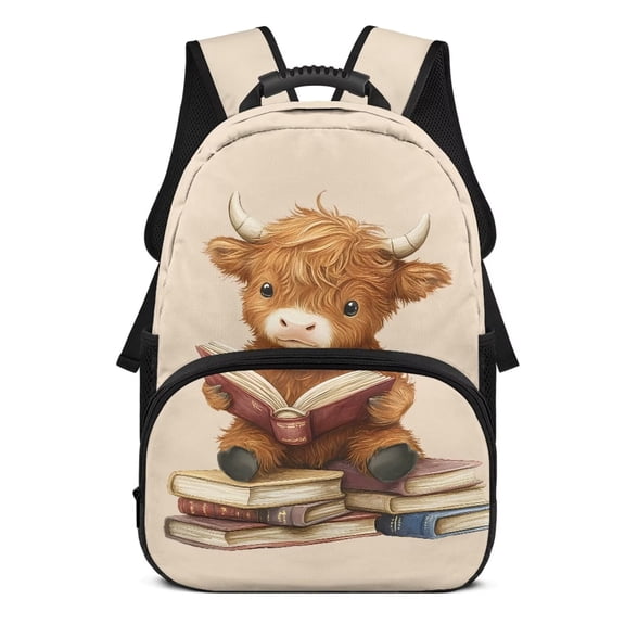 KUIFORTI Reading Highland Cow Kids Backpack 17 Inch Large Capacity Children's School Bag with Multiple Pockets Suitable for Elementary Primary Back to School Gifts