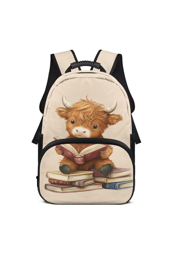 Reading Highland Cow Kids Backpack 17 Inch Large Capacity Children's School Bag with Multiple Pockets Suitable for Elementary Primary Back to School Gifts