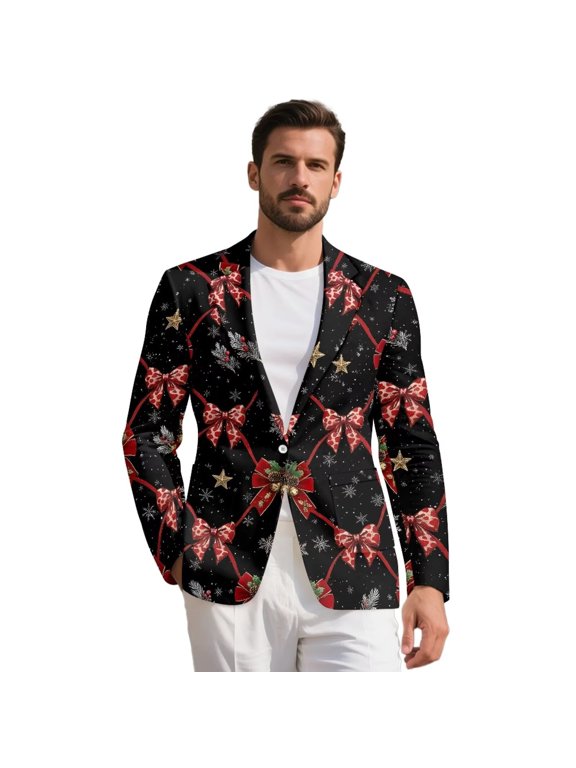 Red Bow Men's Suit Jacket Regular Fit Sports Jacket Wrinkle‑Free Notched Lapel Skin‑friendly Blazer for Business Travel Dating