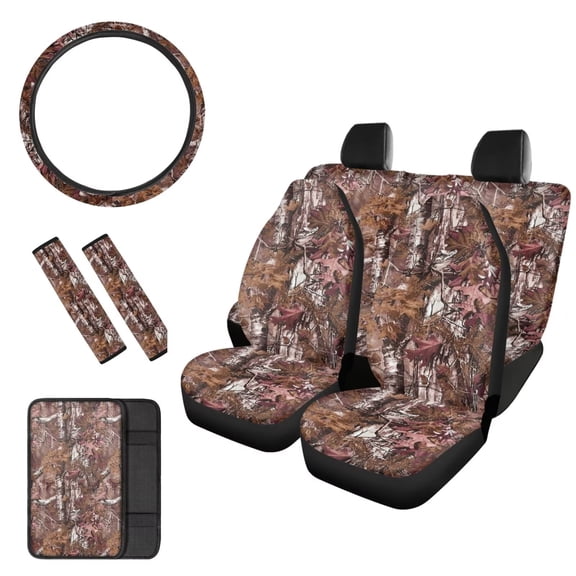 KUIFORTI Red Camo Hunting Universal Seat Covers for Cars Center Console Armrest Pad Steering Wheel Protector Seat Belt Pads All-Season and Universal Fit Auto Interior Accessories,8 Pack