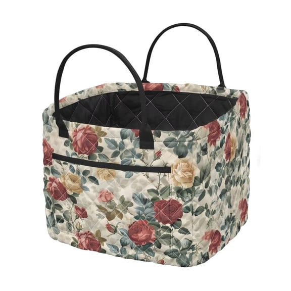 KUIFORTI Red Rose Quilted Laundry Basket with Handles for Toys, Blankets, Clothes and Books Basket Organizer Gift Baskets Multi-functional Home Decorative Organization
