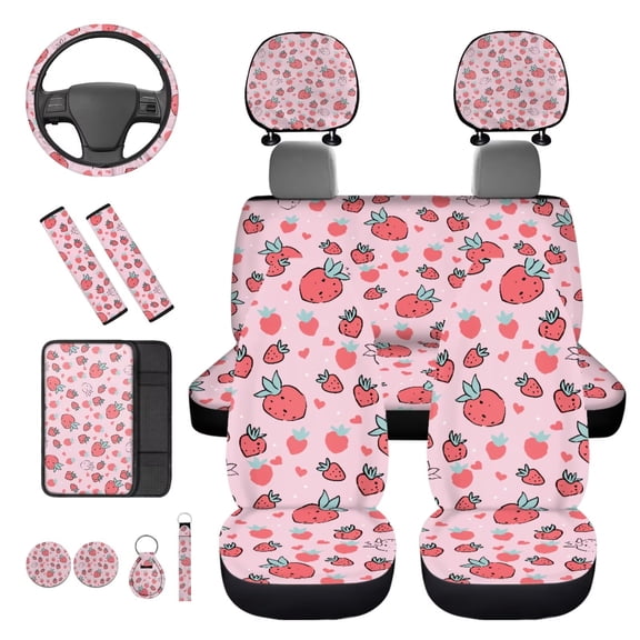 KUIFORTI Red Strawberry 14 Pcs Seat Covers for Car Auto Center Console Armrest Pad Steering Wheel Cover Wristlet Keychain Car Interior Automotive Fits Most Cars, Sedans, SUVs