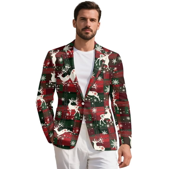 KUIFORTI Reindeer Men's Suit Jacket One Button Blazer Notched Lapel Outfit for Weddings Business Meetings Prom Dinners Travel and Daily Wear