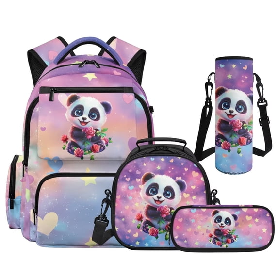 KUIFORTI Rose Panda Girls Backpack Set, Cute 4Pcs School Bag with Lunch Box Pencil Pouch Water Bottle Sleeve for Elementary Primary Middle School Students