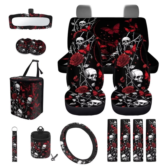 KUIFORTI Rose Skull Automobile Seat Cover Sets 15 Pack Automotive Rear Front Seat Protector All-Season Protection Wear-Resistant Fit Most Car, Truck, Suv, or Van