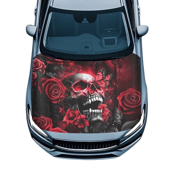 KUIFORTI Rose Skull Car Hood Cover, Stretchable All-Weather Car Hood Wrap Protector, Easy Install Universal Fit Automotive Accessory for Sedans, Trucks, SUVs, Pickups