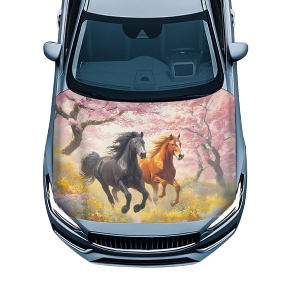 KUIFORTI Running Horses Cherry Blossom Car Hood Cover Protector, Stretchable Versatile Car Hood Wrap Universal Decorations,Fade-Resistant Fits Most Sedans SUVs Trucks Pickups