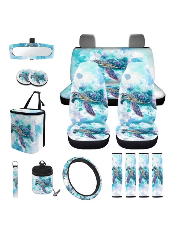 Sea Turtle Car Seat Cover Set 15 Pack Includes Car Steering Wheel Cover Car Seat Belt Cover Lanyard Keychain Holder Universal Fit for SUV,Van,Saden,Truck
