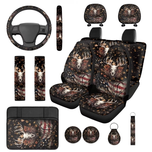 KUIFORTI Skull Flag 14 Pcs Auto Seat Covers Full Set Auto Center Console Armrest Pad Car Headrest Protectors Steering Wheel Cover Elastic Fabrics for Cars Sedans and SUVs