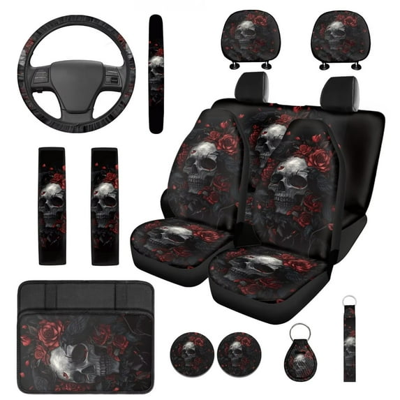 KUIFORTI Skull Rose Auto Seat Covers 14 Pieces with Auto Center Console Armrest Pad Car Steering Wheel Cover Car Seat Belt Pad Cover Cars Headrest Covers for Most Cars