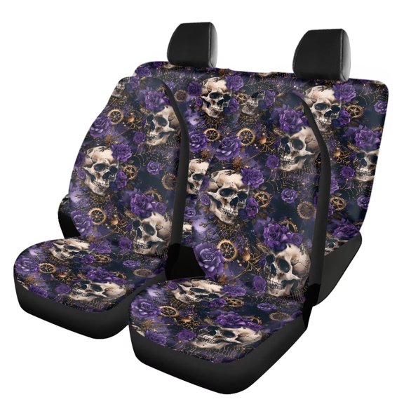 KUIFORTI Skull Rose Auto Seat Covers Full Set Front Seats and Rear Bench Cover Protector Easy to Install Breathable Seat Cover Universal Fit for Most Vehicle