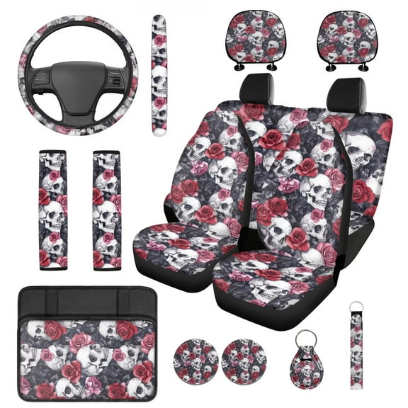 KUIFORTI Skull Roses 14 Pcs Auto Seat Covers Full Set Auto Center Console Armrest Pad Car Headrest Protectors Steering Wheel Cover Elastic Fabrics for Cars Sedans and SUVs