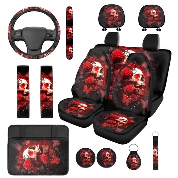 KUIFORTI Skull Roses Auto Seat Covers Full Set 14 Pack with Auto Center Console Pad Steering Wheel Cover Car Headrest Covers Seat Belt Pads Elastic Fabrics for Most Cars