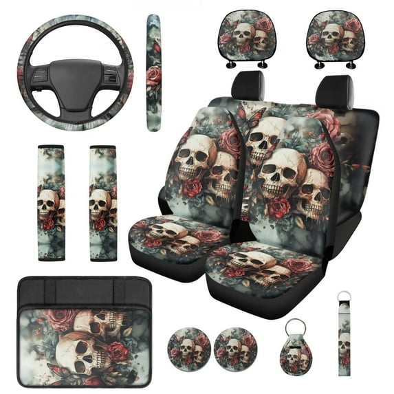 KUIFORTI Skulls Rose Car Seat Covers Set of 14 with Auto Center Console Armrest Pad Car Headrest Covers Steering Wheel Cover Seat Belt Pads Cars Cup Coasters for Most Cars