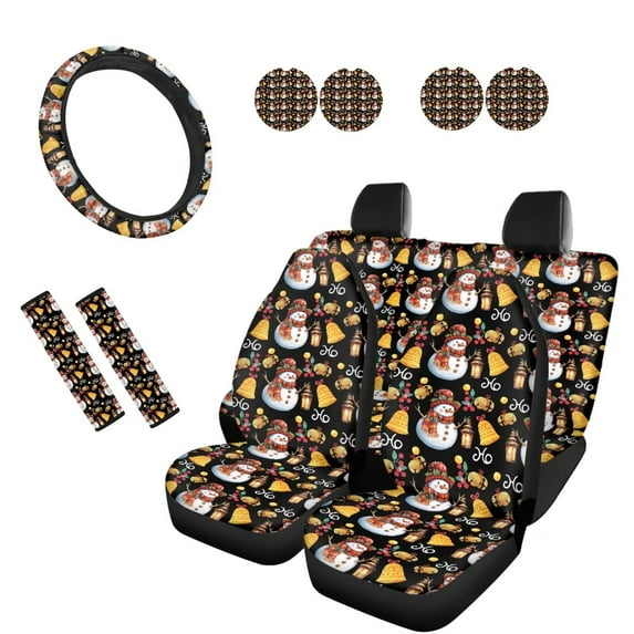 KUIFORTI Snowman Bell Print Car Seat Covers Full Set 11 Piece Seat Covers Steering Wheel Cover Seat Belt Pad Car Cup Coasters Automotive Interior Accessories Universal Fit Most Cars SUVs Sedans