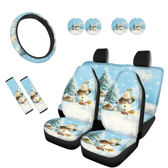 KUIFORTI Snowman Print 11 PCS Car Seat Cover Set Car Seat Cover Steering Wheel Cover Seat Belt Pad Car Cup Coasters Automotive Interior Accessories Universal Fit Most Cars SUVs Sedans