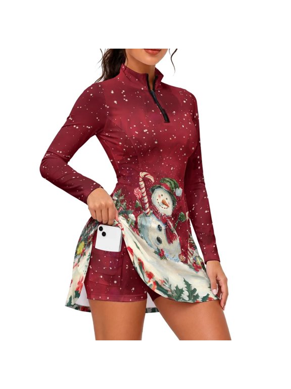 Snowman Print Women Long Sleeve Golf Dress Breathable Golf Dress with Shorts & Pockets Pickball Hiking Workout Active Athletic Gym Dresses for Travel, Workouts, Casual Wear