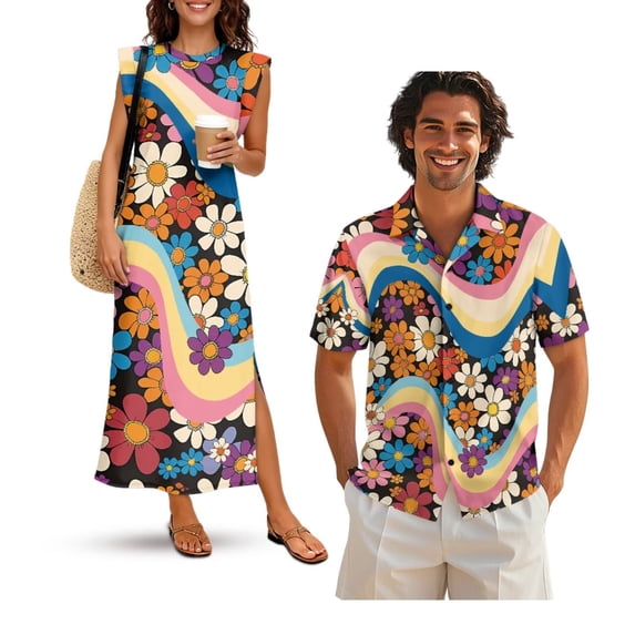 KUIFORTI Spring Couple Matching Outfits Bohemian Flower 4-Way Stretch Husband Wife Matching Outfits Gifts for Couples Slit Design Soft and Comfortable Quick-dry Lightweight