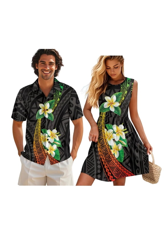 Spring Couple Matching Outfits Matching Summer Outfits for Couples Loose Swing Sundresses with Soft Fabric Breathable for Beach Seaside Retro Polynesian Flower