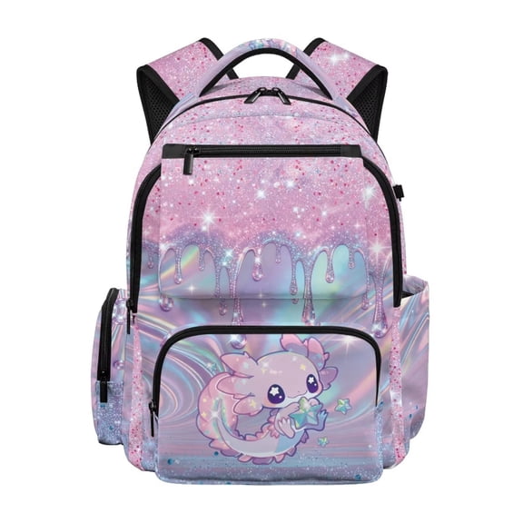 KUIFORTI Stars Axolotl School Bag for Girls 8-14 Years Comfortable Backpack with Multiple Organizer Pockets Kids Bookbag Suitable for Elementary Primary Middle