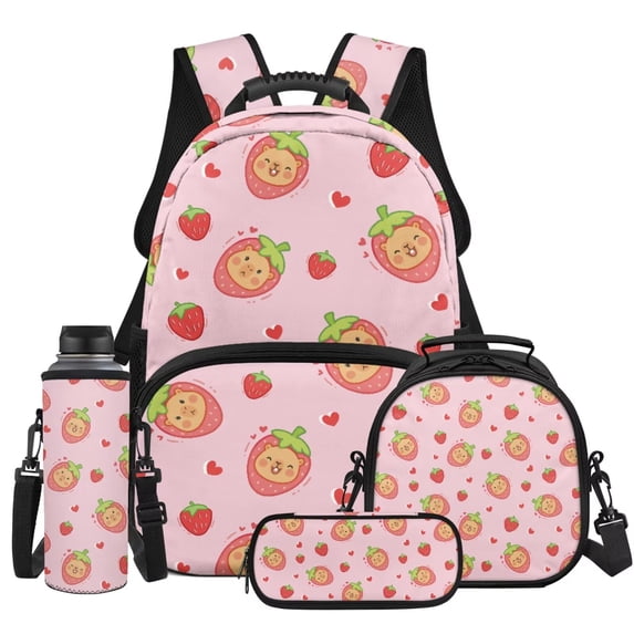 KUIFORTI Strawberry Capybara Boys Girls School Bag Set 4Pcs with Lunch Box Pencil Pouch Water Bottle Sleeve Lightweight Kids Backpack for Elementary Primary Middle School Student Supplies
