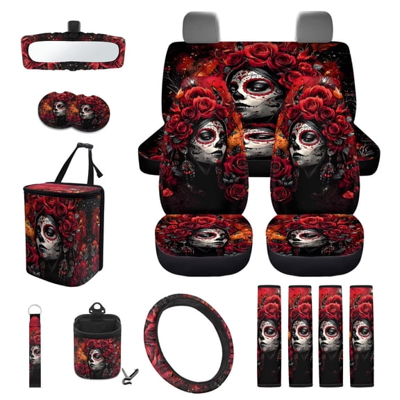 KUIFORTI Sugar Skull Car Seat Cover Set 15 Pack Automotive Rear Front Seat Protector Car Steering Wheel Accessories Breathable Non Slip Fit Car SUV Auto