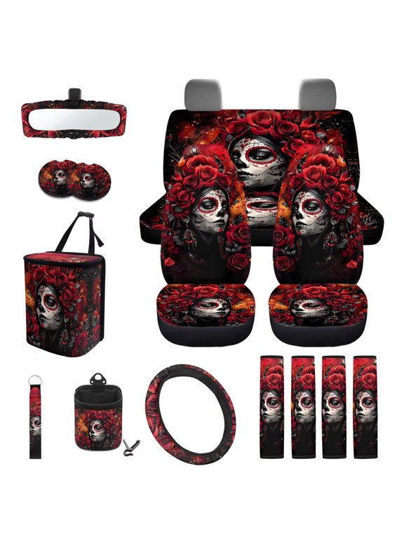 Sugar Skull Car Seat Cover Set 15 Pack Automotive Rear Front Seat Protector Car Steering Wheel Accessories Breathable Non Slip Fit Car SUV Auto