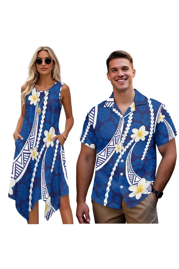 His and Hers Summer Outfits Blue Polynesian Flower Matching Hawaiian Outfits for Couples Washable Men’s Hawaiian Shirt with Soft Fabric for Romantic Date Gifts for Couples