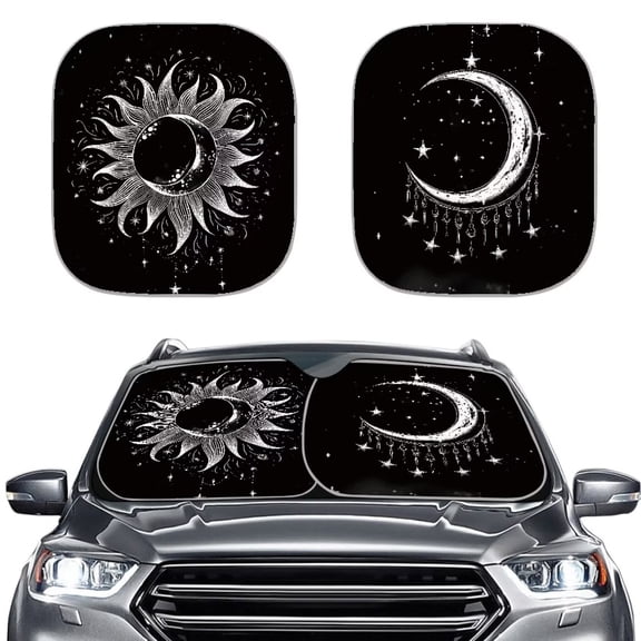 KUIFORTI Sun and Moon Windshield Sun Shade Foldable 2 Piece Car Front Window Sunshade Cute Sun Protection Prevents 97% Harmful UV Rays - Protect Your Car Seat
