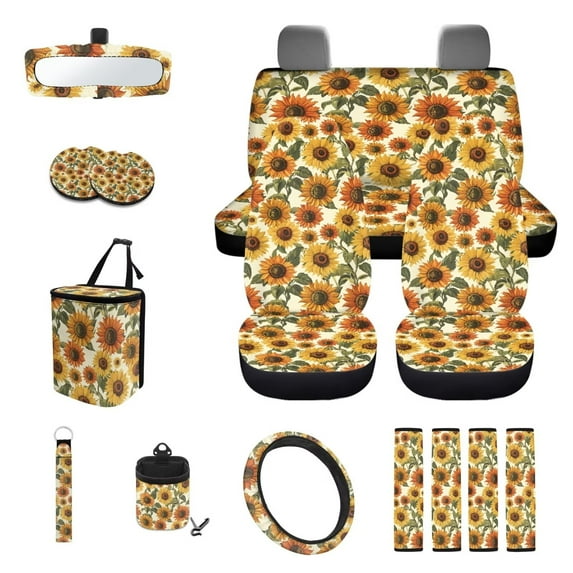 KUIFORTI Sunflower 15 PCS Car Seat Cover Set Car Seat Cover Steering Wheel Cover Seat belt Cover Pad Car Cup Coasters Car Garbage Bag Air Vent Storage Bag Rear View Mirror Cover Keychain