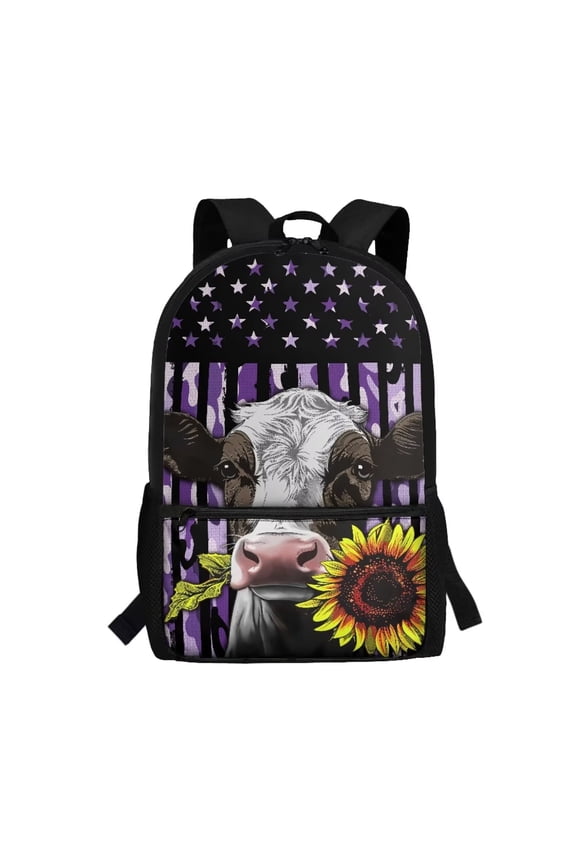 Sunflower Backpack For School Girls, Cow American Flag Backpack for Kids Middle School Boys Bookbag 17 Inches Travel Daypack Trip Shoulder Bag with Front Compartment