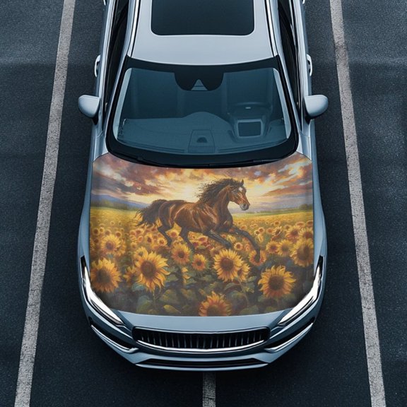 KUIFORTI Sunflower Car Hood Cover Horse Breathable Hood Covers for Cars, Fashion Automotive Decorations Polyester Elastic Fabrics Reusable Sunflower Gifts for Women, Easy to Clean and Install