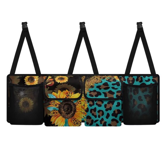 KUIFORTI Sunflower Car Trunk Organizer, Leopard Print Car Organizer SUV, Oxford Cloth, Equipped with Robust Elastic Net, Hanging Car Storage Organizer with Lids, Space Saving Expert