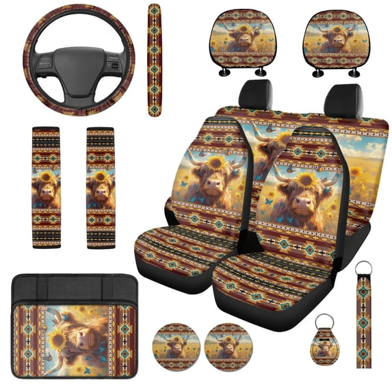 KUIFORTI Sunflower Cow Car Seat Covers Full Set Comfortable Set 14 Pcs Automotive Front Seat & Bench Back Seat Cover Durable Easy Installation Universal Fit Cars SUV Trucks