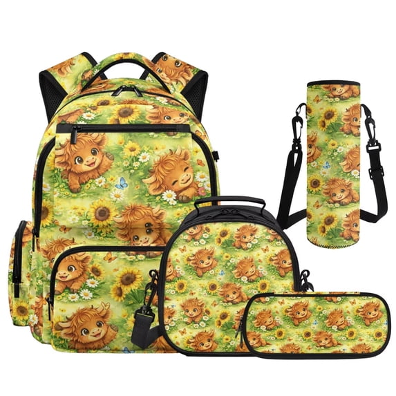 KUIFORTI Sunflower Cow Girls Backpack Set, Adorable School Bag with Lunch Box Pencil Pouch Water Bottle Sleeve for Elementary Primary Middle School