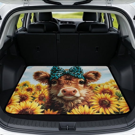 KUIFORTI Sunflower Cow Print Universal Car Trunk Mat Easy to Clean Car Cargo Liner Vehicle Interior Accessories Anti-Slip Suitable for Most Car Automotive Trunk Protection Mat