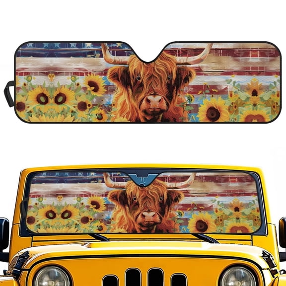 KUIFORTI Sunflower Cow Windshield Sun Shade Front Window Shades Cover for Windshield Sun Visor Hard-Wearing Easy to Install Compatible with Jeep Wrangler JL JLU & Jeep Gladiator
