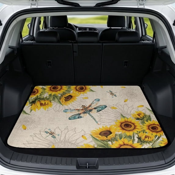 KUIFORTI Sunflower Dragonfly Car Trunk Liner 29" x 39" Automotive Trunk Protection Mat Practical Auto Interior Accessories Polyester for Daily Driving & Travel Use