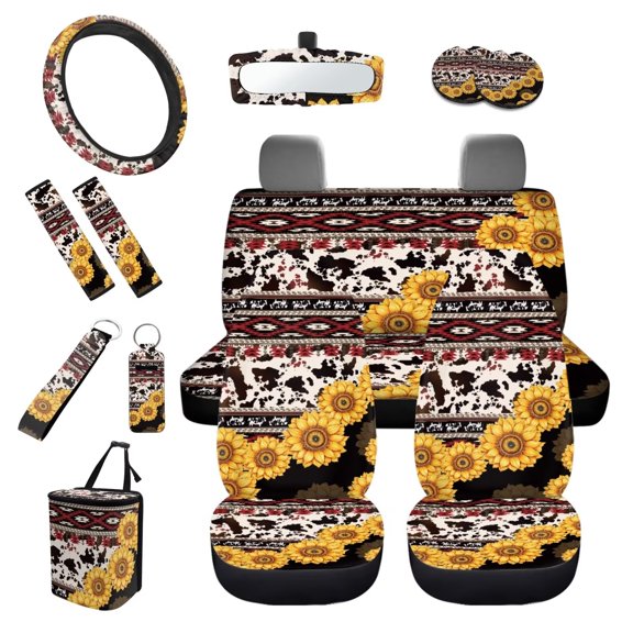 KUIFORTI Sunflower Ethnic Style Pattern 13 PCS Car Seat Cover Set Seat Covers Steering Wheel Cover Seatbelt Covers Keychain Lipstick Protector Cup Coasters Car Trash Bag Rear View Mirror Cover