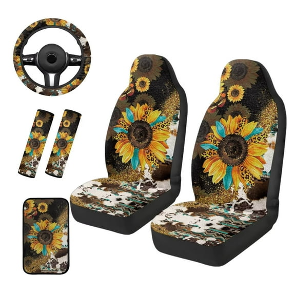 KUIFORTI Sunflower Leopard Print Front Car Seats Cover 6 Pieces with Car Seat Belt Cover Auto Center Console Pad Cars Steering Wheel Cover Personalized Fits Most Cars, Sedans, SUVs