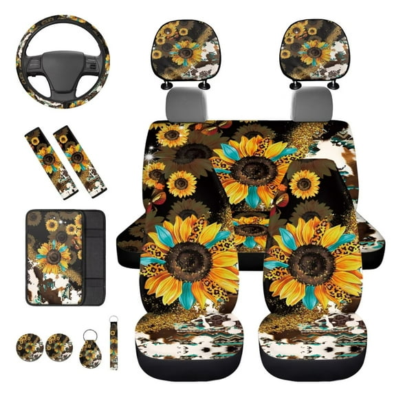 KUIFORTI Sunflower Leopard Print Seat Covers for Car 14 Pack with Car Steering Wheel Accessories Auto Center Console Armrest Pad Seat Belt Pads Nonslip Fit for Cars SUV Sedans